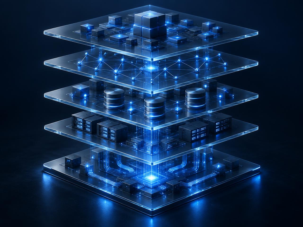 Illustration of the five AEGIS OS layers stacked as connected translucent planes